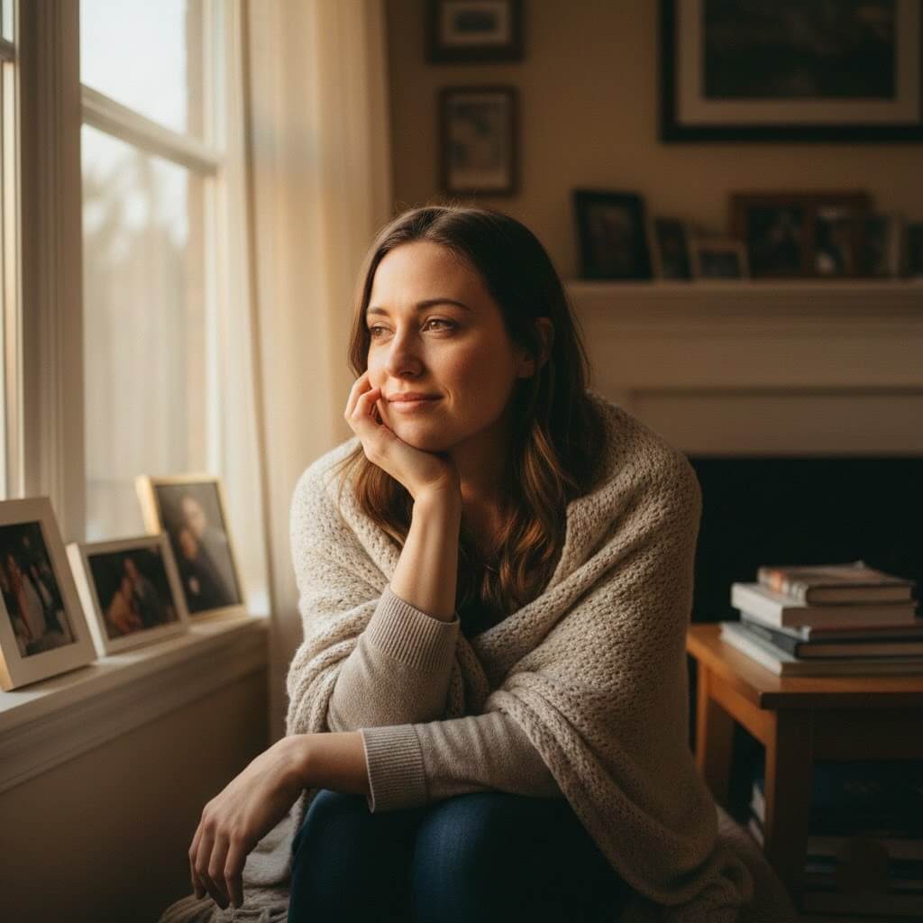 Woman wrapped in a beige knit blanket sitting by a window, looking outside with a thoughtful expression.