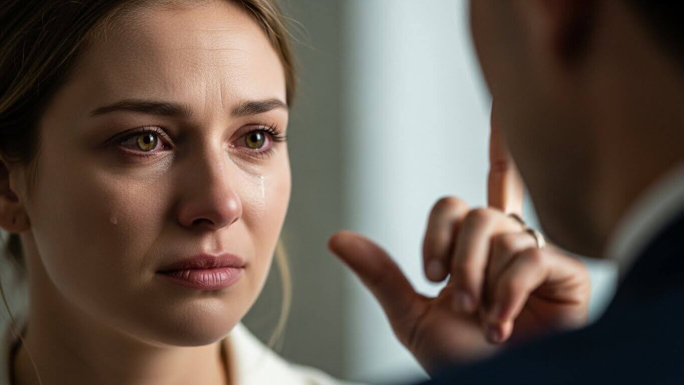 Close-up of a tearful woman looking at a man making a finger gun gesture.
