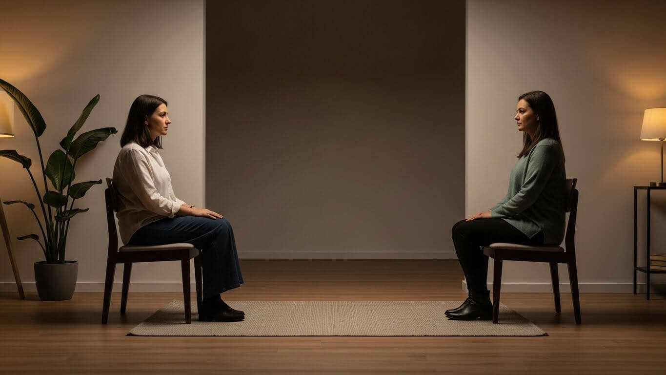 Two women sitting on chairs facing each other in a dimly lit room with plants and lamps.