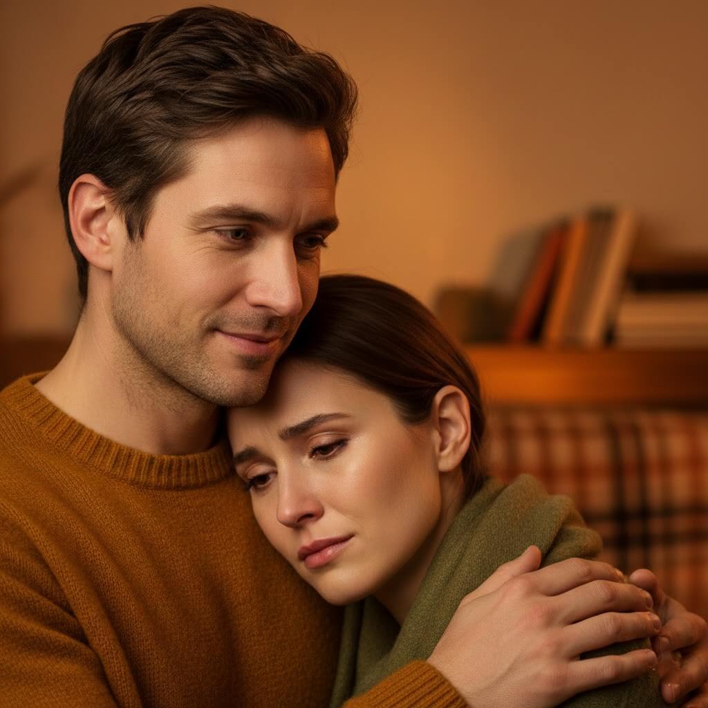 Man in brown sweater comforting a sad woman wrapped in a green blanket in a cozy room