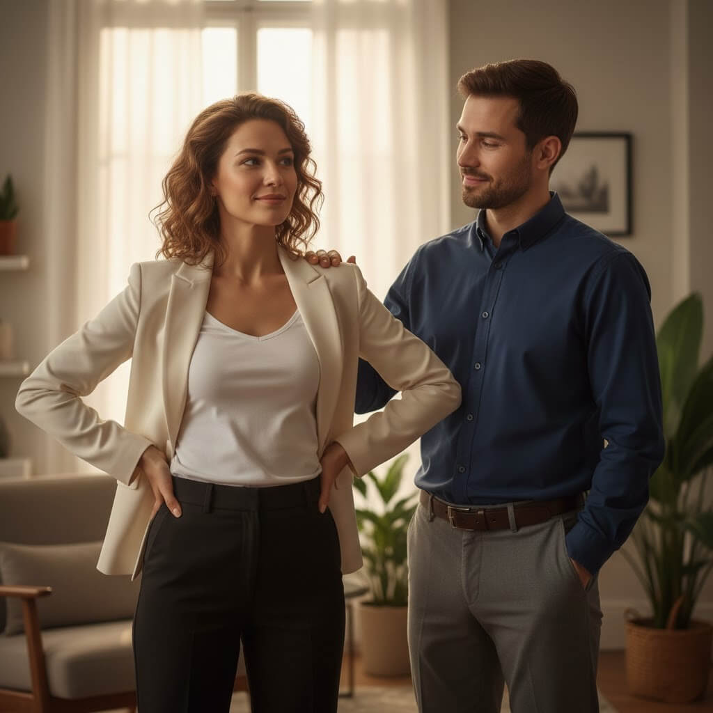 Man in blue shirt smiling and placing hand on confident woman in white blazer's shoulder in living room