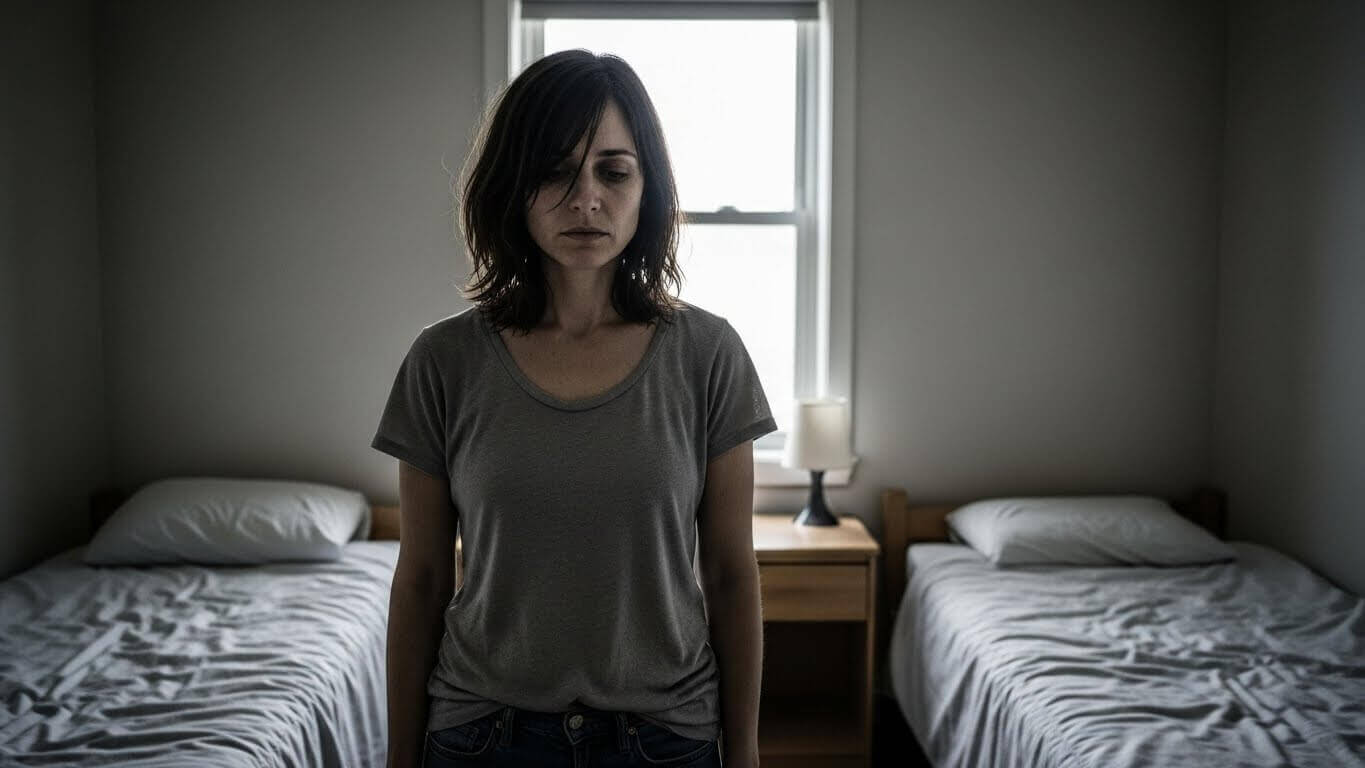 Woman with dark hair standing between two unmade beds in a dimly lit room with a window and nightstand behind her