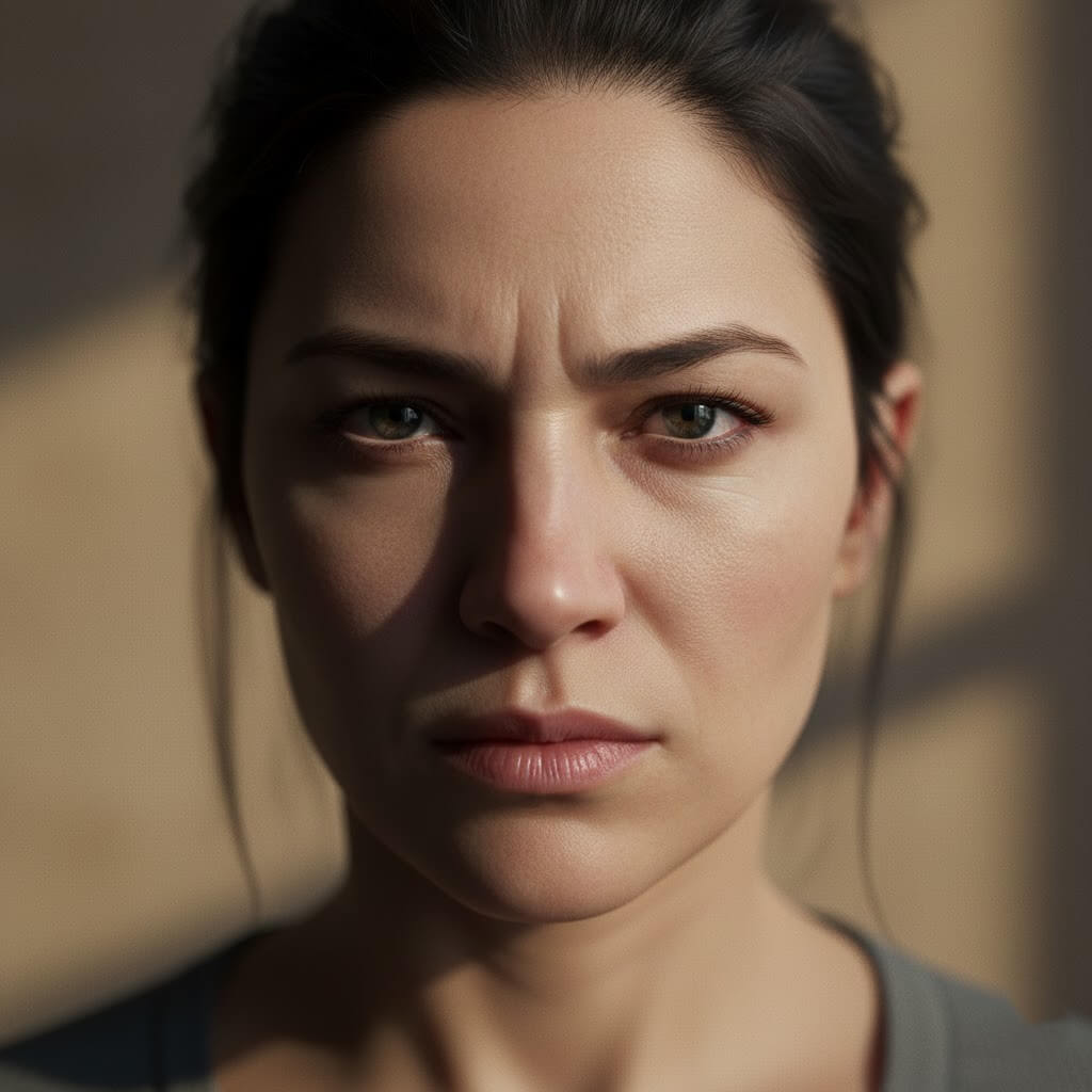 Close-up of a woman with dark hair and green eyes frowning with a serious expression against a blurred background.