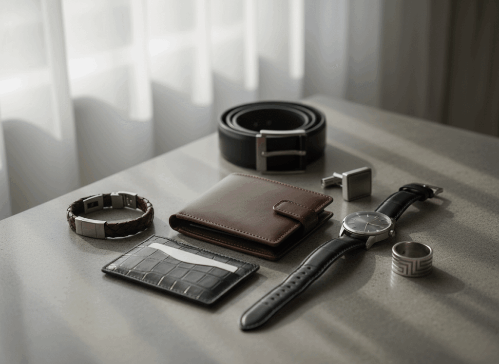 Men's accessories including a black leather belt, brown leather wallet, black wristwatch, silver cufflinks, ring, braided bracelet, and cardholder on a table.