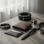 Men's accessories including a black leather belt, brown leather wallet, black wristwatch, silver cufflinks, ring, braided bracelet, and cardholder on a table.