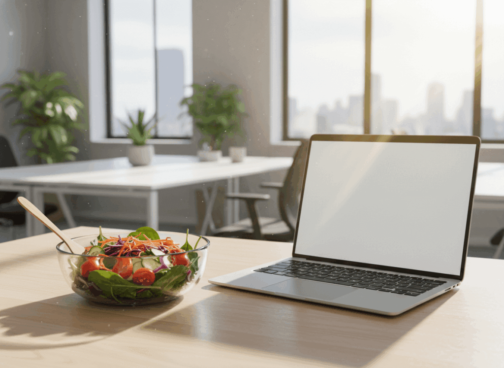Glass bowl of fresh salad next to an open laptop on a wooden desk in a bright office.