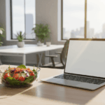 Glass bowl of fresh salad next to an open laptop on a wooden desk in a bright office.