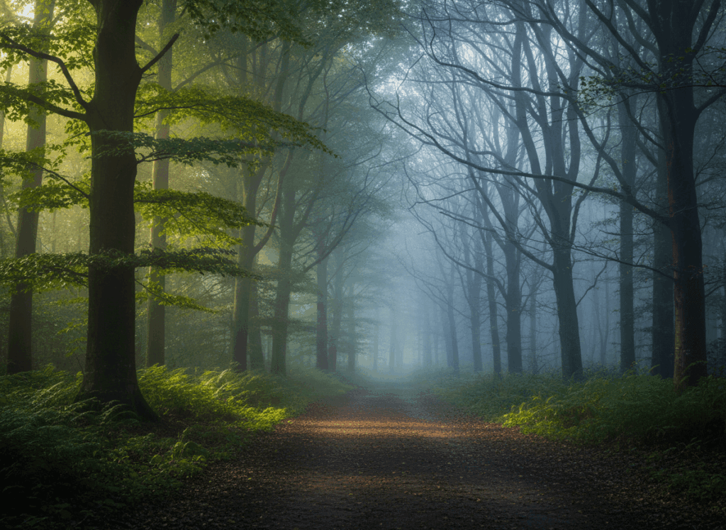 Foggy forest path with sunlight filtering through green and bare trees on either side