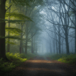 Foggy forest path with sunlight filtering through green and bare trees on either side