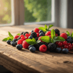 Mixed fresh berries including raspberries, blackberries, blueberries, and red currants with mint leaves on a wooden table.