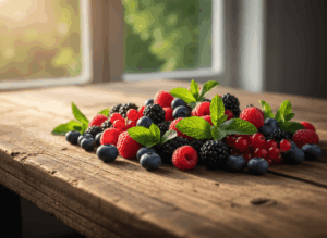 Mixed fresh berries including raspberries, blackberries, blueberries, and red currants with mint leaves on a wooden table.