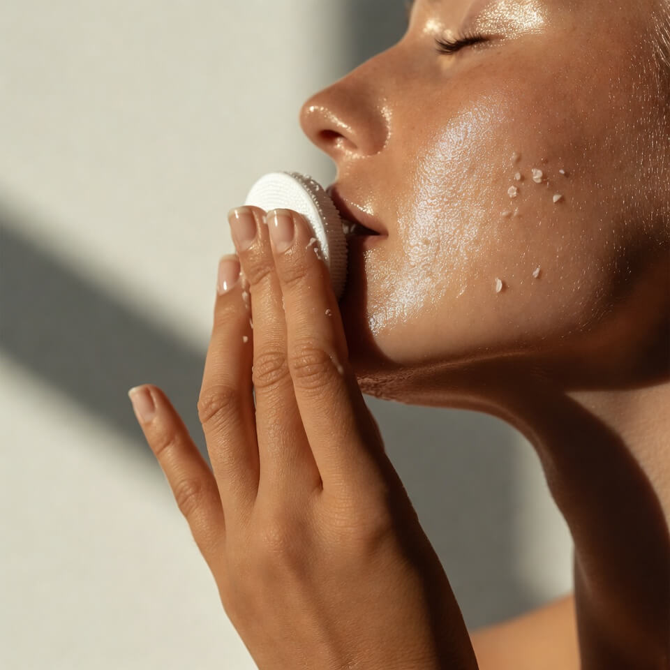 Close-up of a woman exfoliating her glowing skin with a white facial cleansing brush.