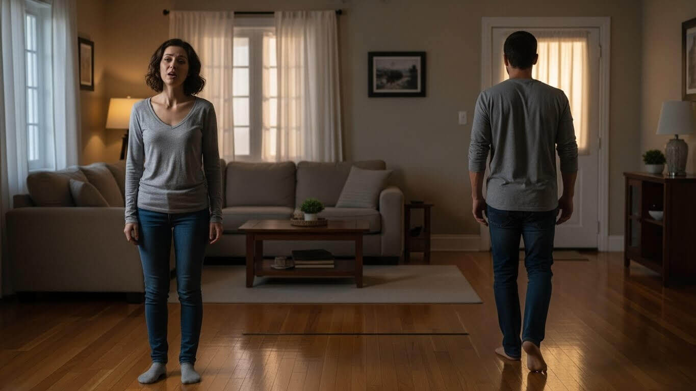 Woman facing forward looking distressed and man walking away barefoot in a living room with neutral decor