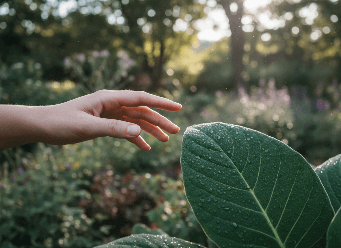 Hand reaching toward a large green leaf with water droplets in a sunlit garden.