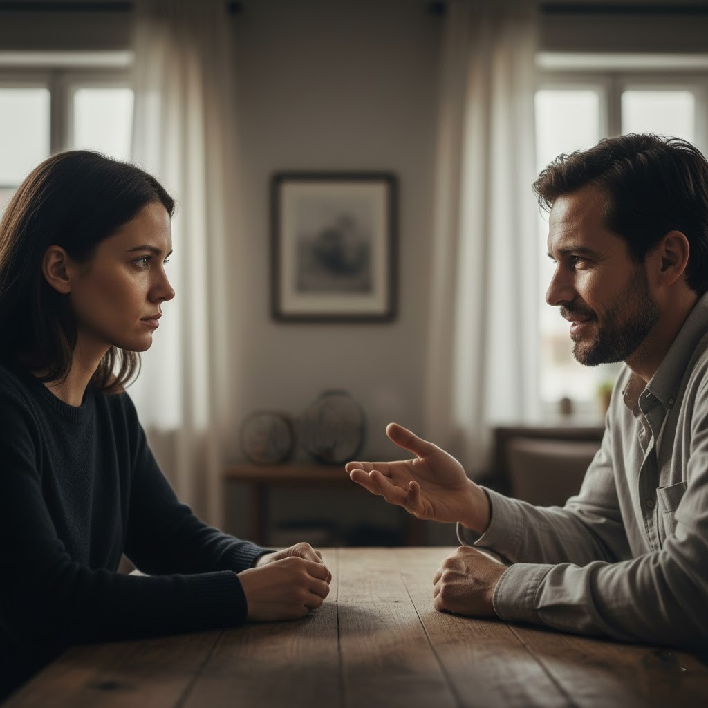 Man and woman having a serious conversation across a wooden table in a softly lit room with curtains.