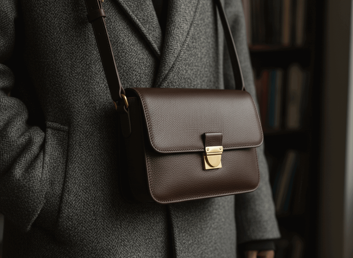 Brown leather crossbody bag with gold clasp worn over a gray herringbone coat