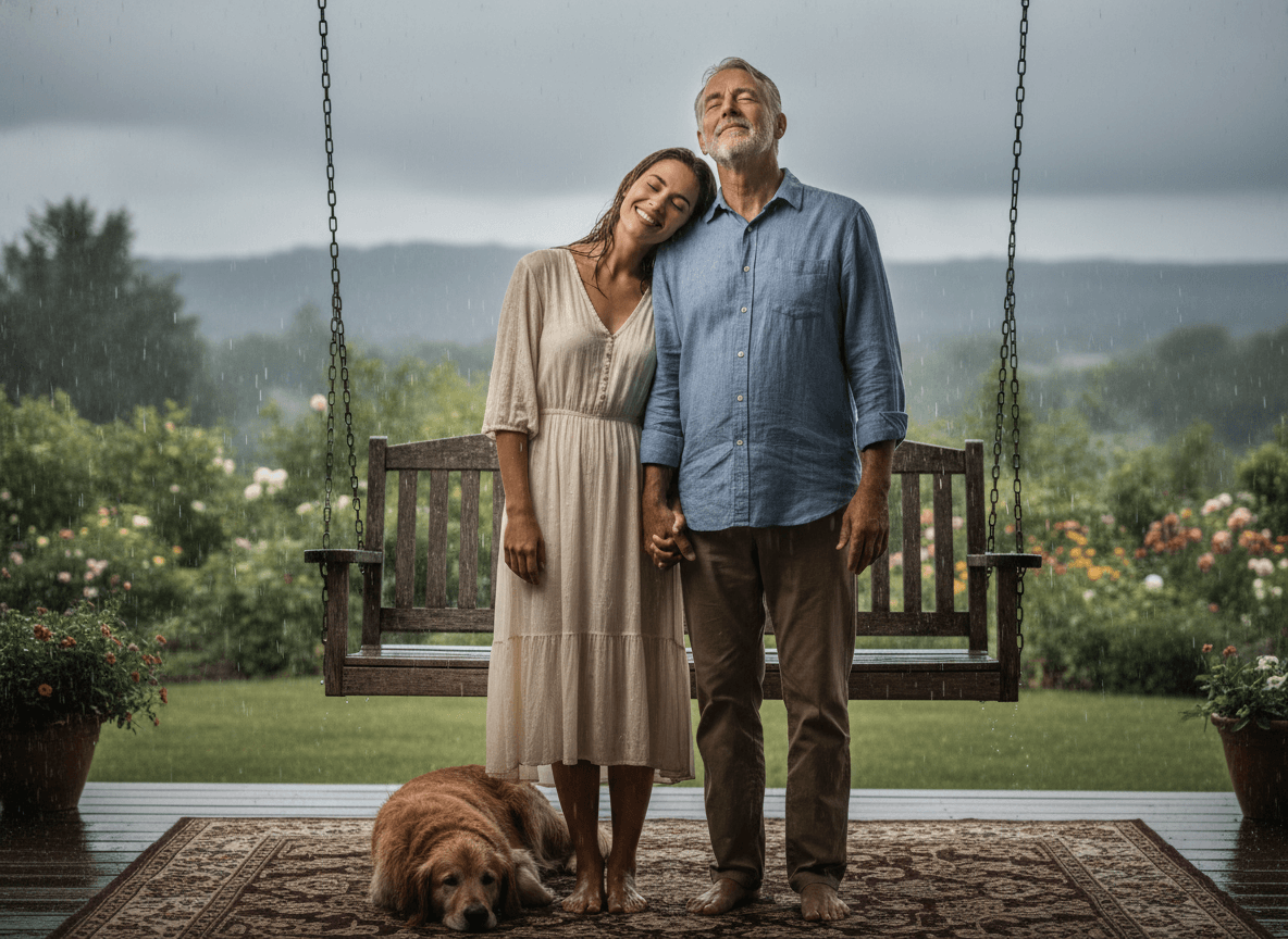 Couple holding hands barefoot on porch in rain with golden retriever lying on rug nearby