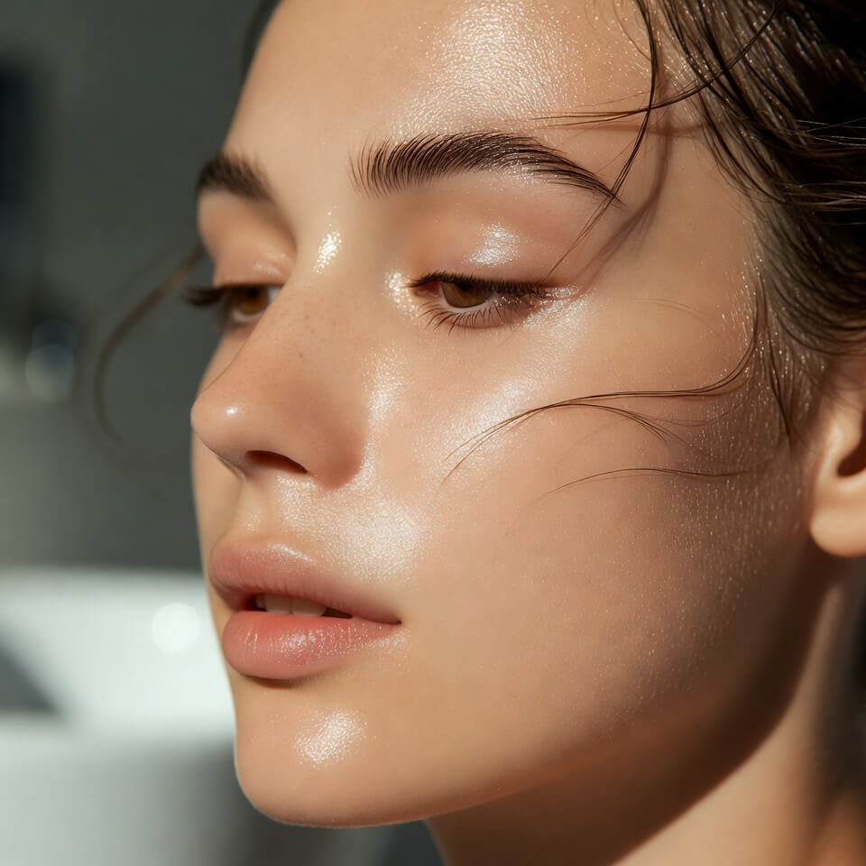 Close-up of a young woman with dewy, glowing skin and natural makeup looking downward.