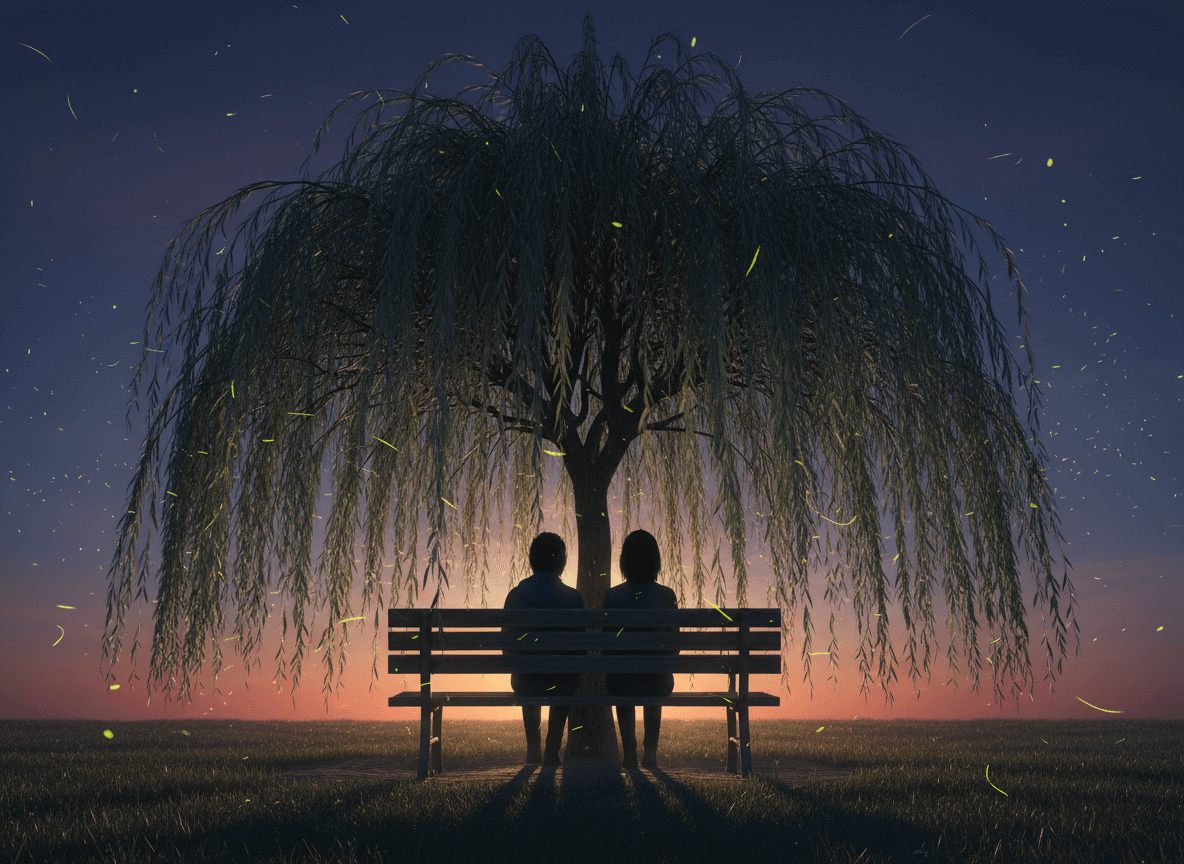 Two people sitting on a bench under a large willow tree at dusk surrounded by glowing fireflies