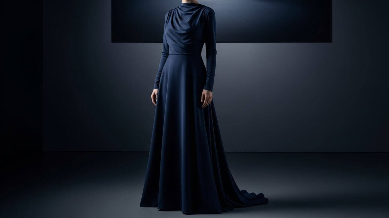Woman wearing a long-sleeve navy blue gown with a draped neckline and floor-length skirt in a dark room