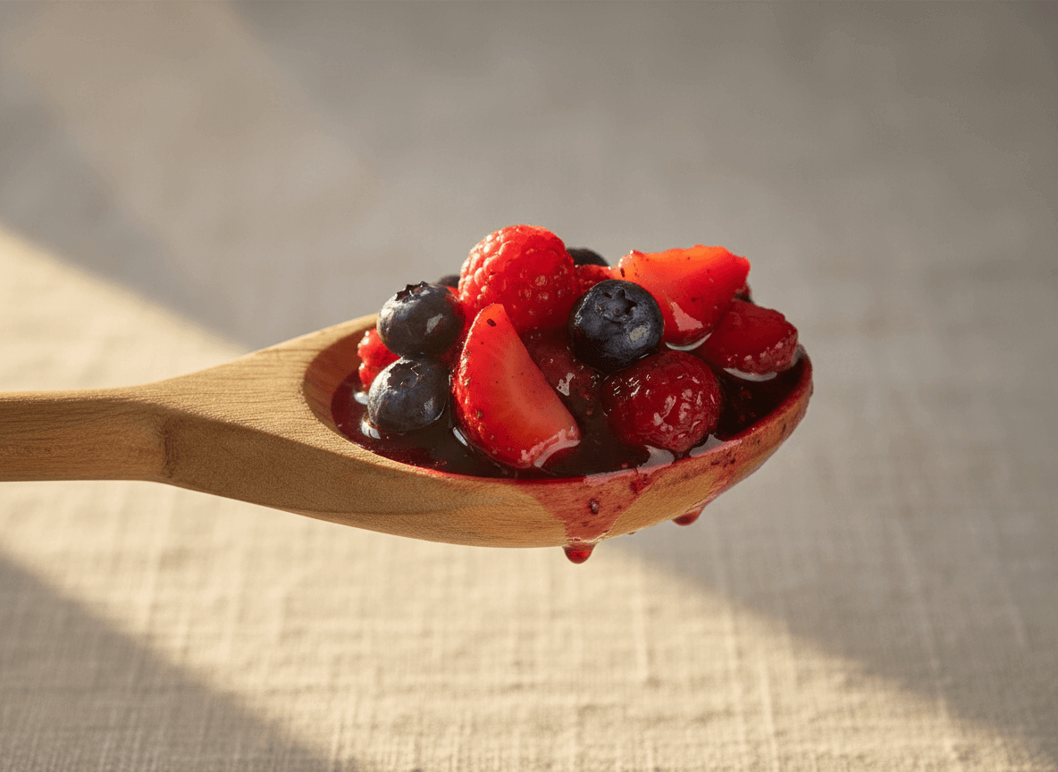 Wooden spoon holding mixed berries including strawberries, blueberries, and raspberries with juice dripping