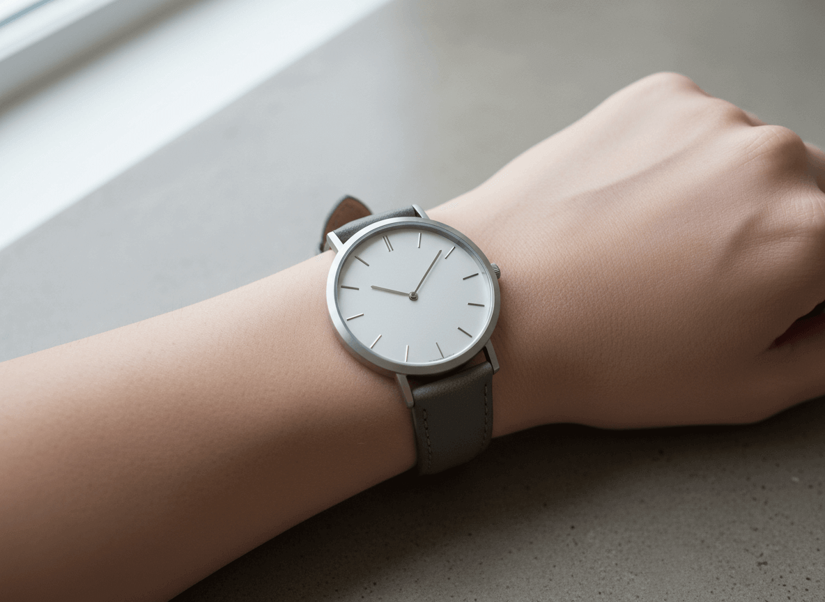 Minimalist wristwatch with a gray leather strap on a person's wrist showing 11:07.