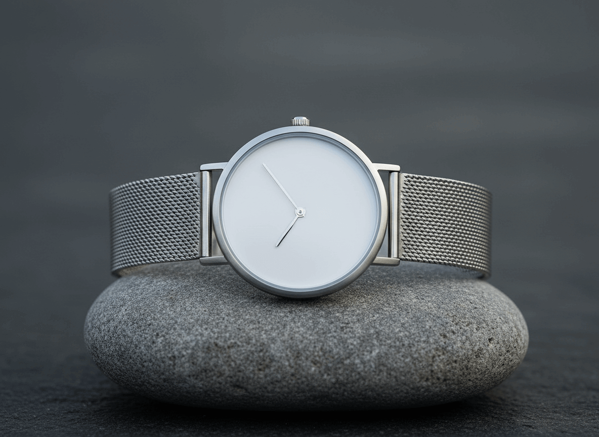 Minimalist silver wristwatch with a mesh band resting on a smooth gray stone against a dark background.