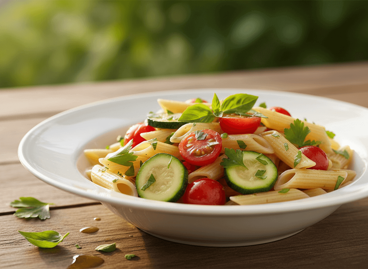 Penne pasta salad with cherry tomatoes, cucumber slices, and fresh basil in a white bowl on a wooden table