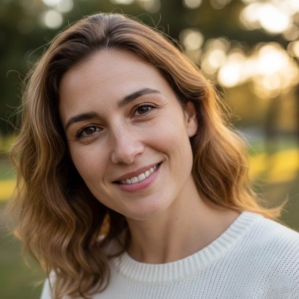 Smiling woman with wavy brown hair wearing a white sweater outdoors at sunset.