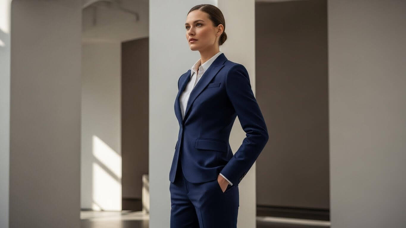 Woman in a navy blue business suit with hands in pockets standing in a modern office space.