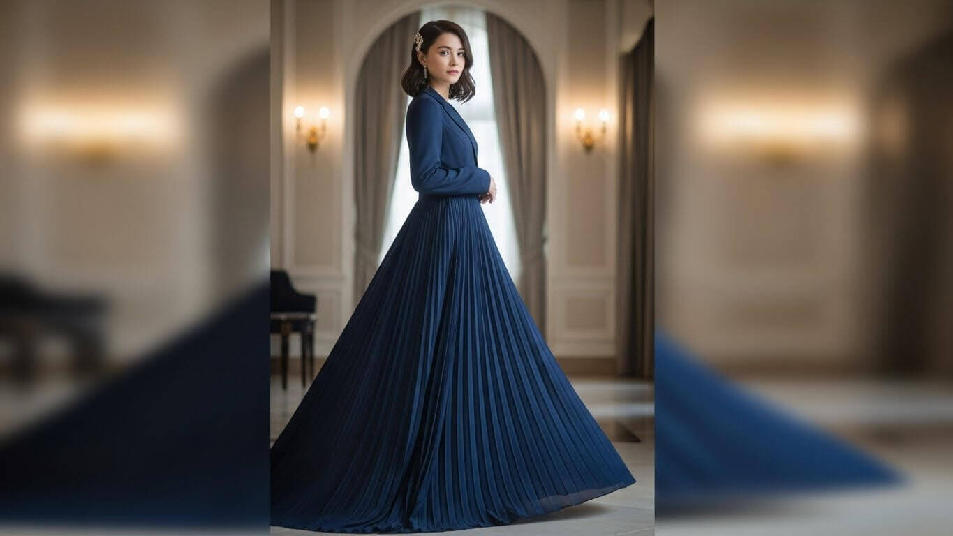 Woman in a navy blue pleated gown standing in an elegant room with arched windows and wall sconces