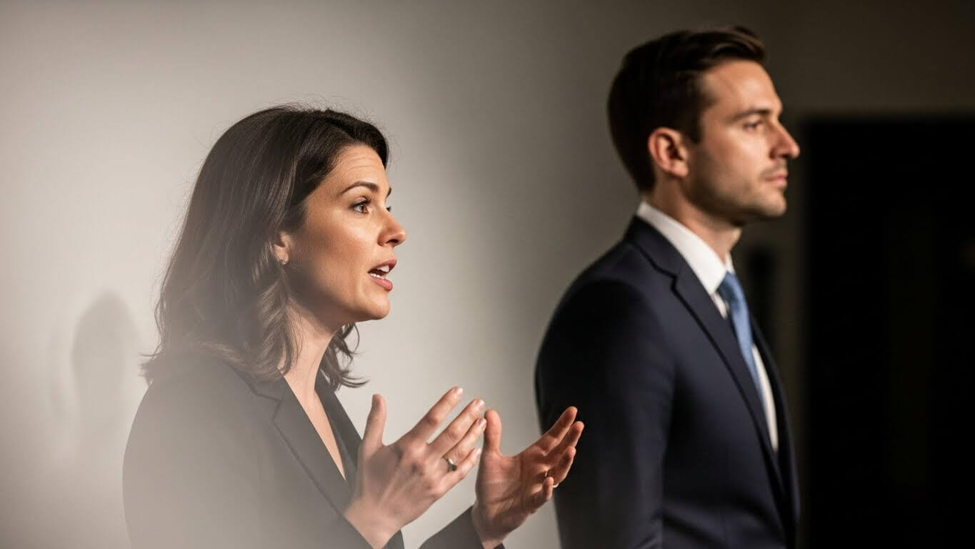 Woman in black blazer speaking with hands raised, man in dark suit and blue tie standing beside her