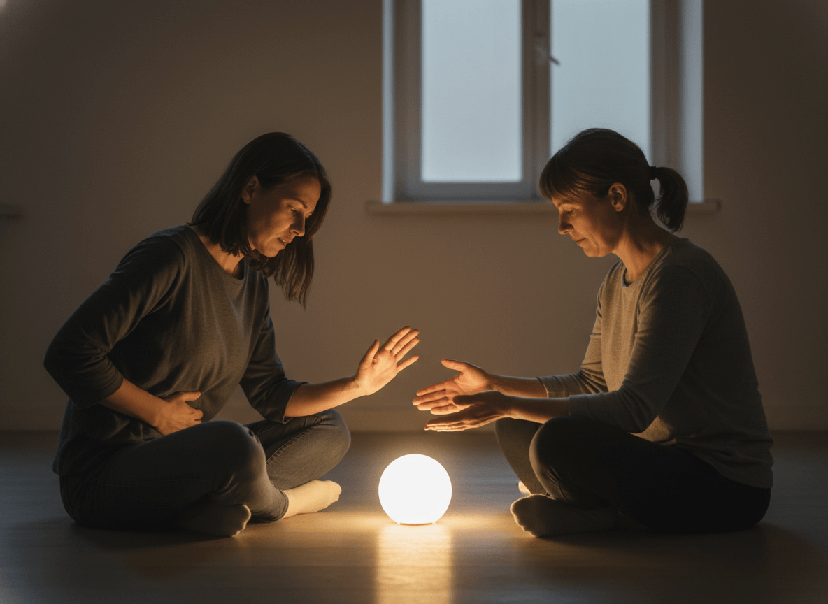 Two women sitting cross-legged warming their hands over a glowing orb light in a dim room.