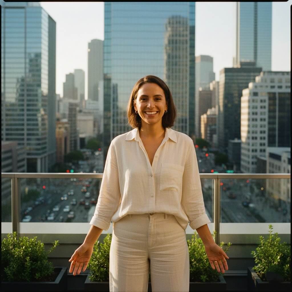 Smiling woman in white shirt and pants standing on a balcony with a city skyline in the background.