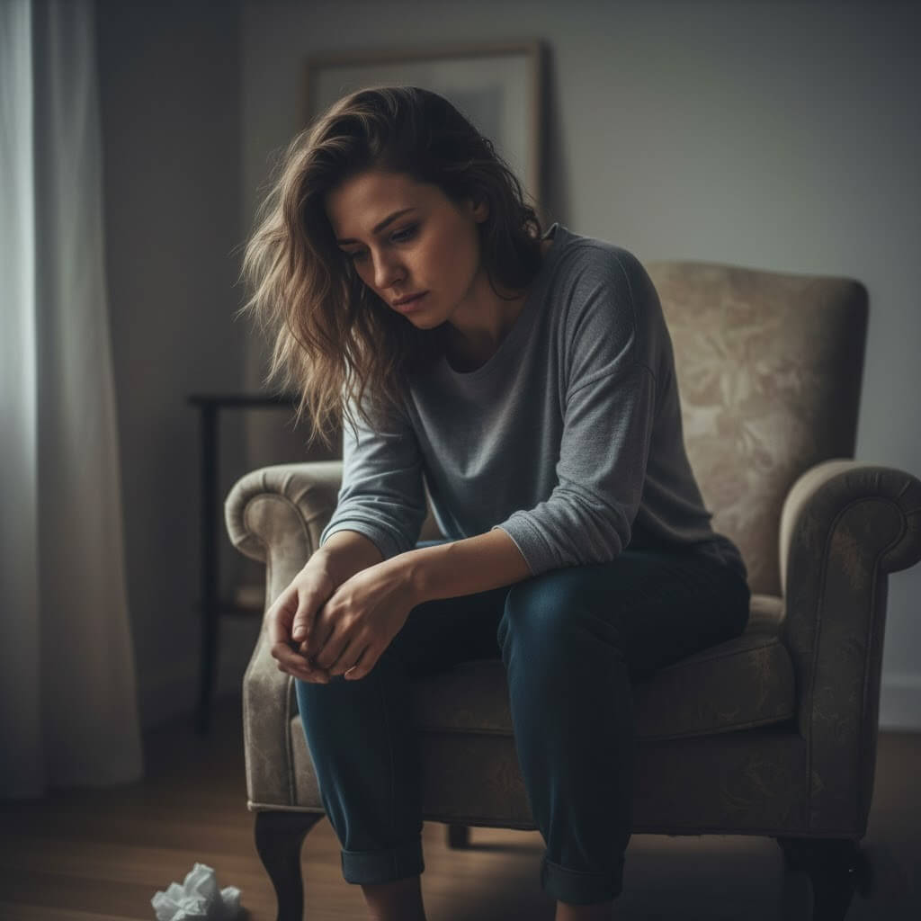 Young woman in gray shirt sitting on armchair looking down with crumpled tissues on the floor nearby