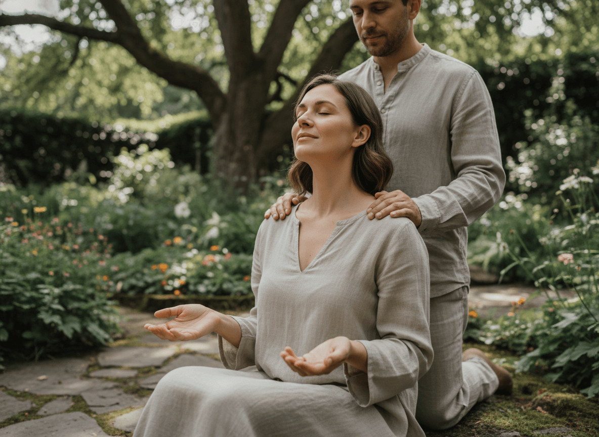 Man giving a shoulder massage to a meditating woman in a garden setting wearing beige linen clothes.