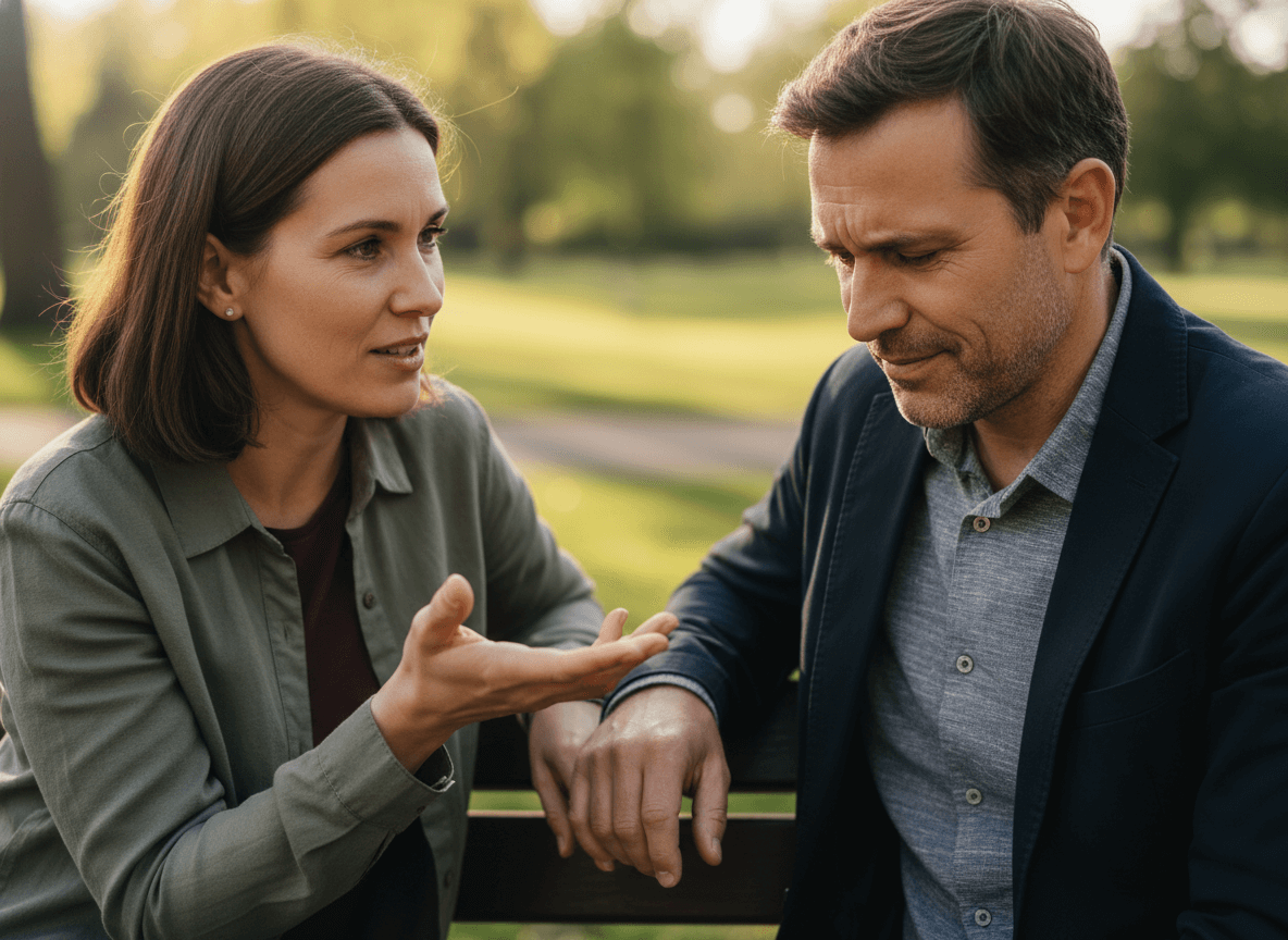 Woman in green shirt talking earnestly to man in navy blazer sitting on park bench outdoors