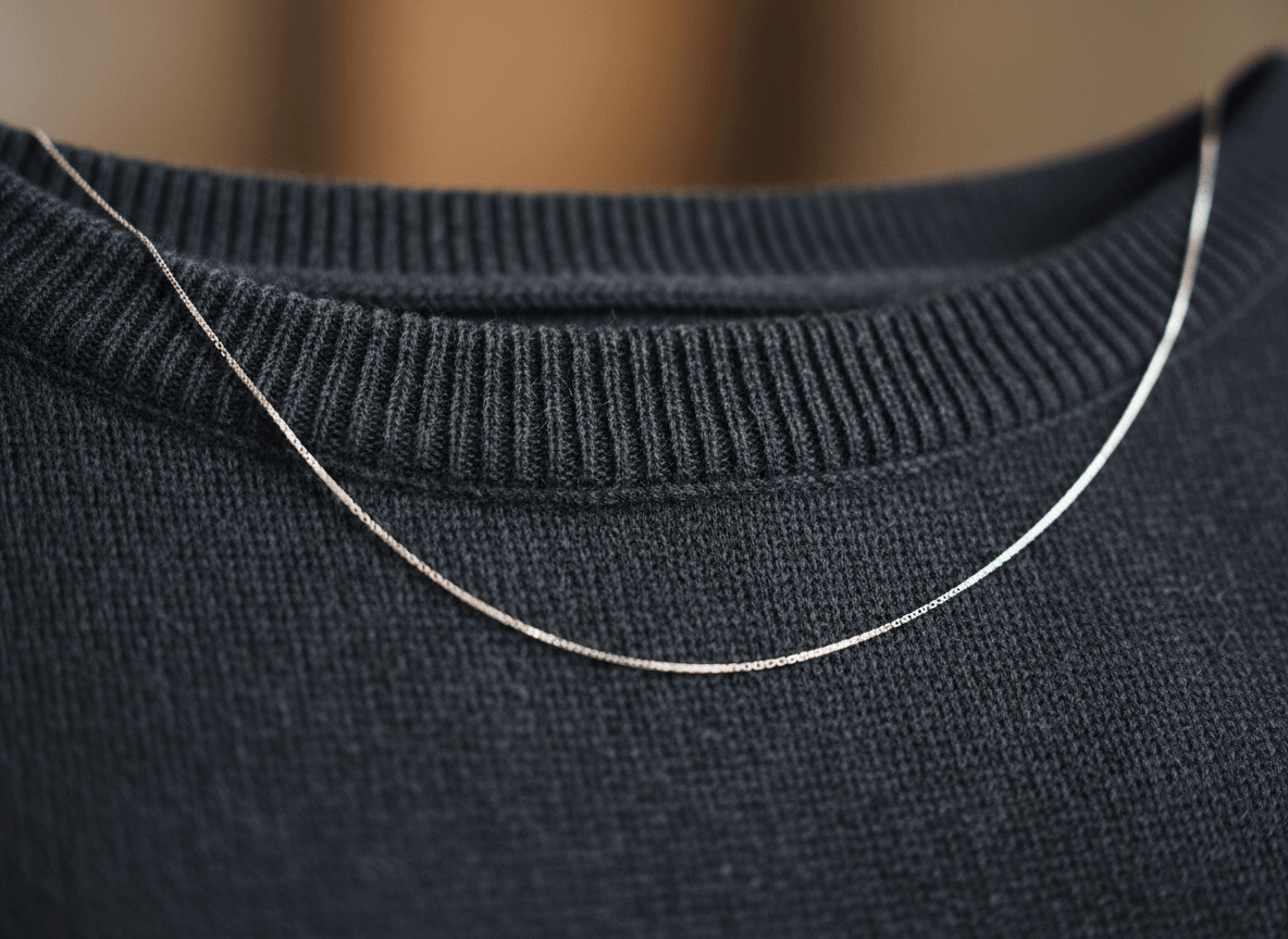 Delicate thin silver chain necklace on a dark ribbed knit sweater neckline