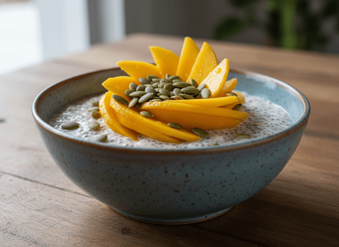 Blue bowl of chia pudding topped with sliced mango and pumpkin seeds on a wooden table