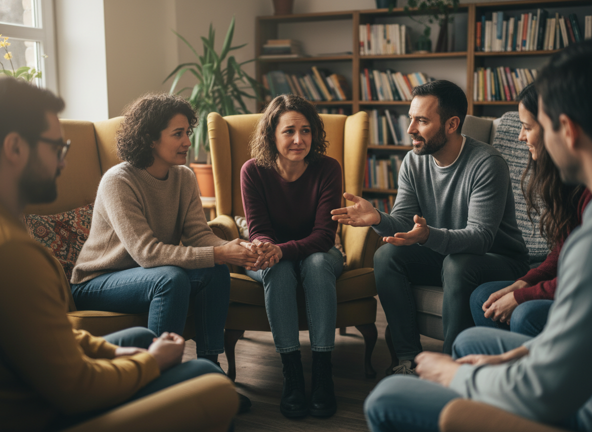 Group therapy session with a woman receiving support from others in a cozy room with bookshelves.