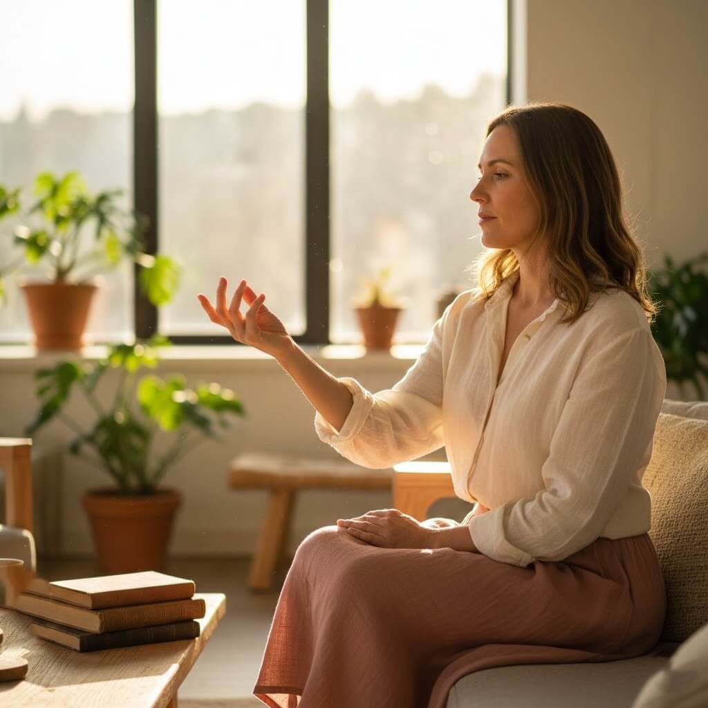Woman practicing meditation with hand gesture in sunlit room with plants and books