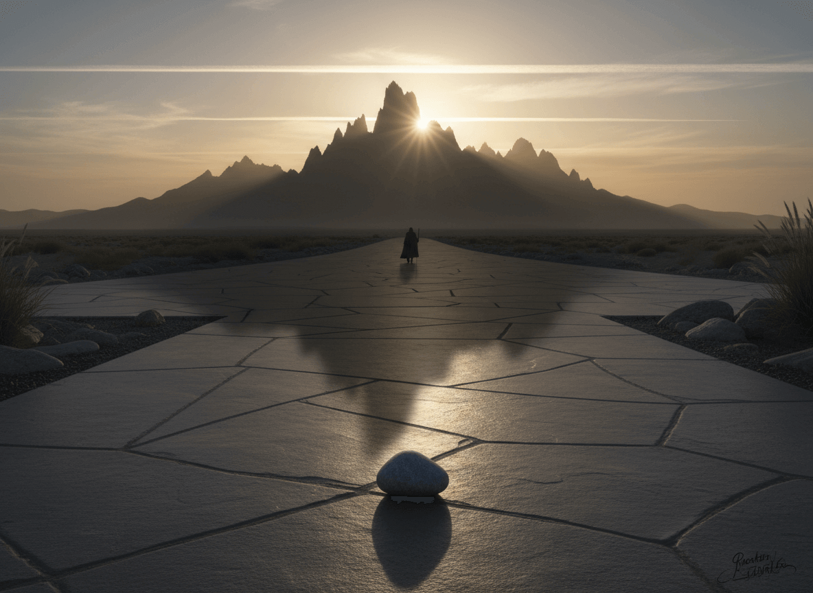 Person walking on a paved path toward a jagged mountain with the sun shining behind its peak at sunset