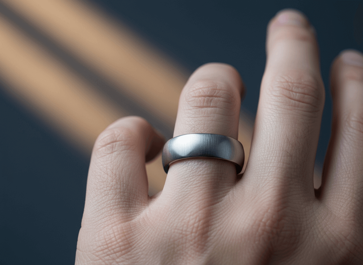 hand wearing a smooth silver metal band ring on the middle finger against a blurred background