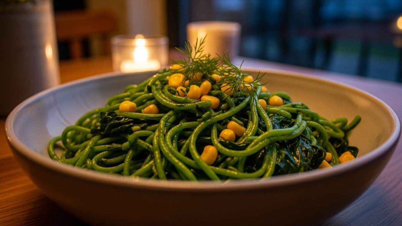 Green pasta with corn and herbs in a white bowl on a wooden table with candlelight background.