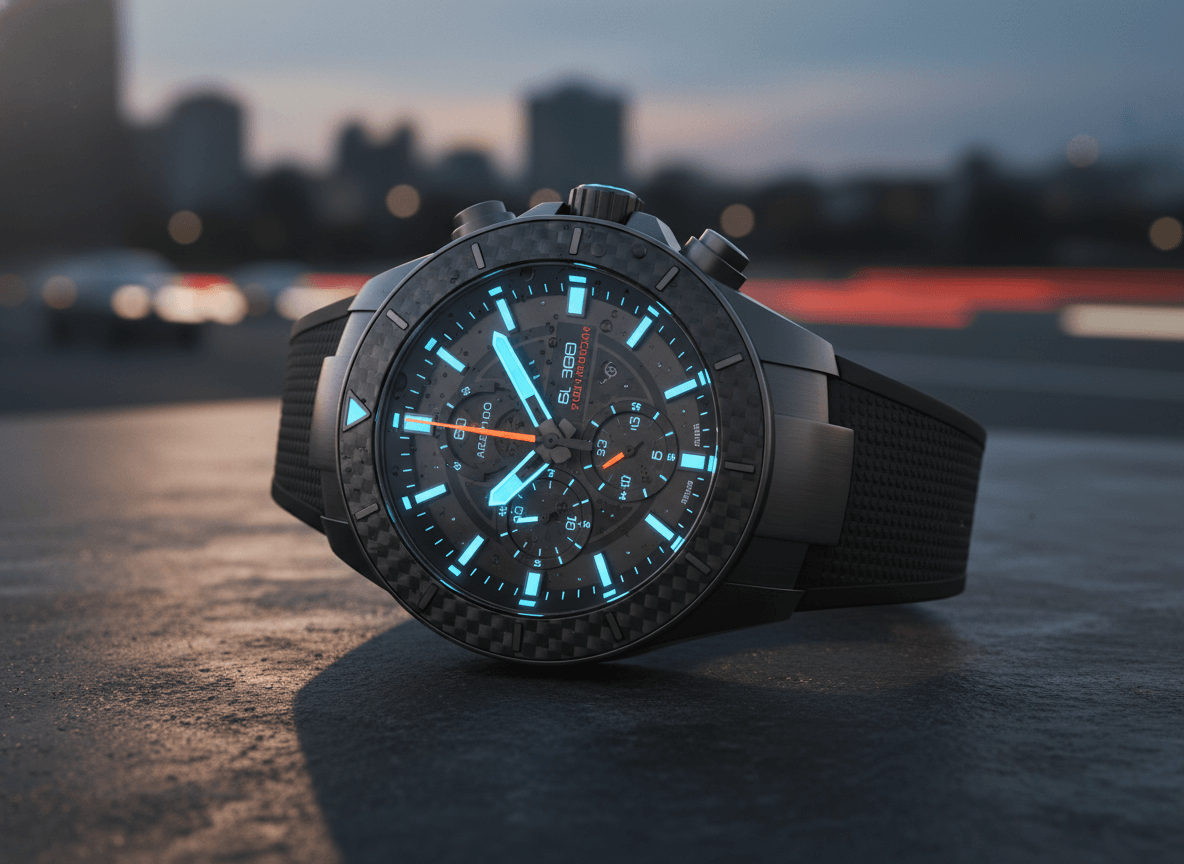 Arezzo chronograph watch with glowing blue markers and black textured strap on a concrete surface at dusk.