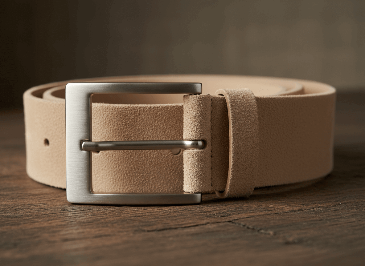 Beige suede belt with a silver rectangular buckle on a wooden surface.