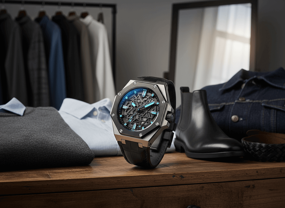 Luxury wristwatch with blue luminescent hands and markers displayed on a wooden surface with men's clothing and black leather boots in the background.