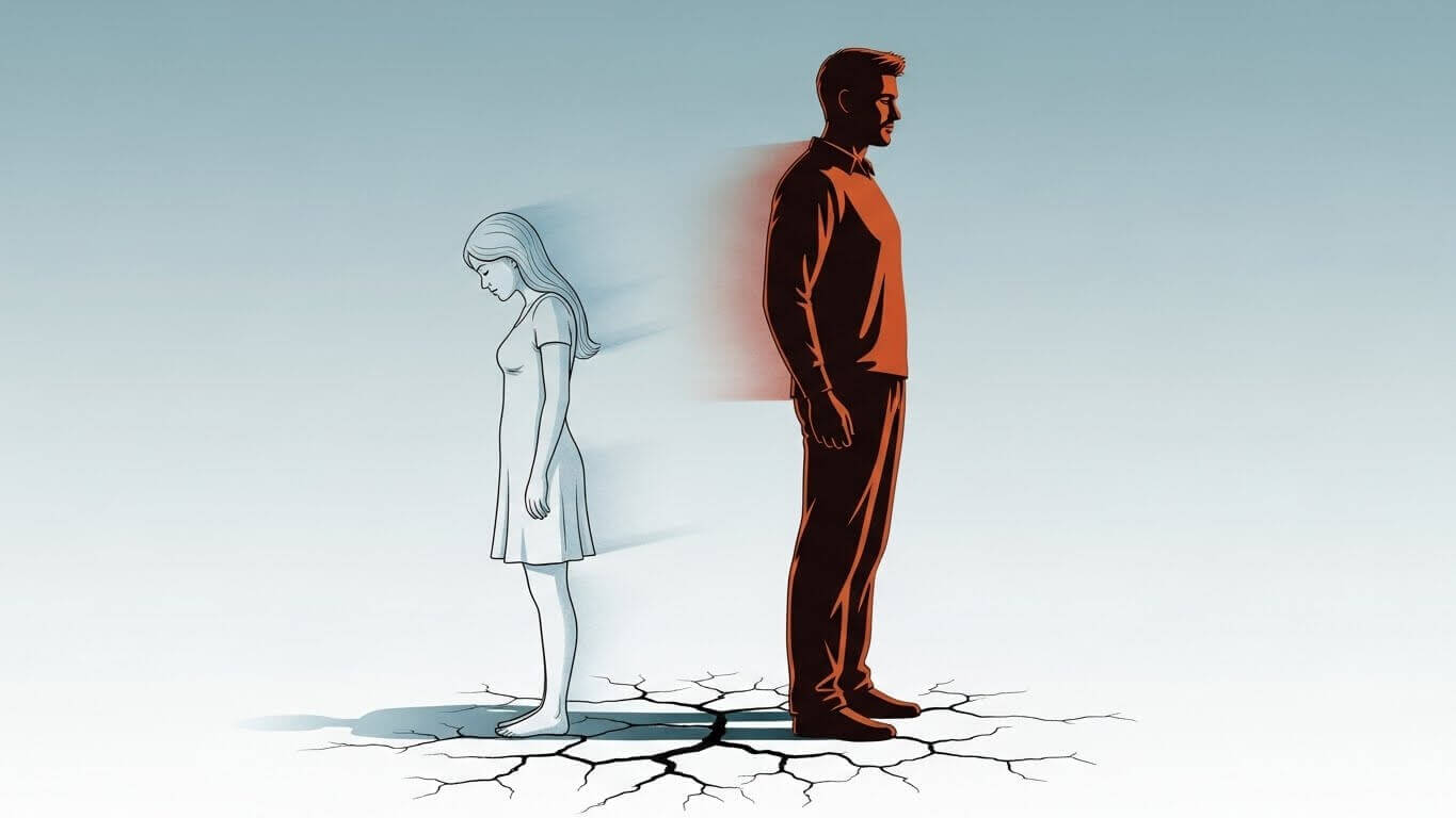 Illustration of a man and woman standing back to back on cracked ground, symbolizing emotional distance or separation.