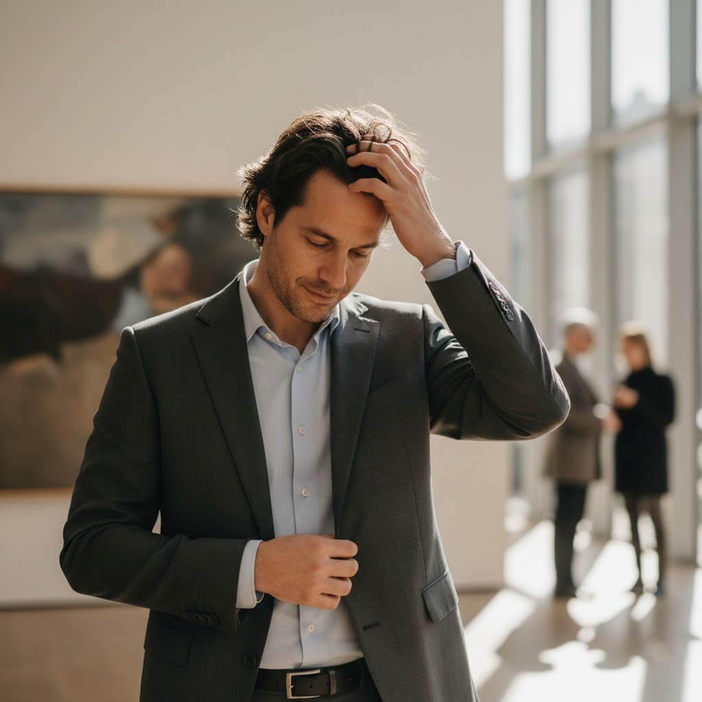Man in gray suit adjusting jacket while touching his hair in a sunlit modern gallery space