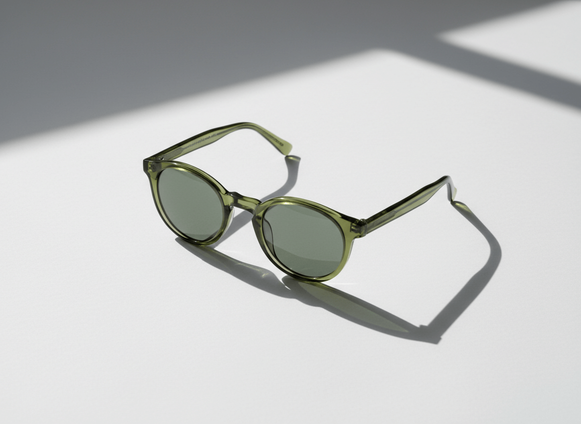 Green translucent round sunglasses casting a shadow on a white surface with soft lighting.